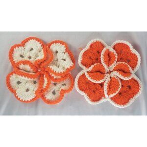 Vintage Handmade Crochet Four Leaf Clover Set Orange White Pot Holder St Patrick